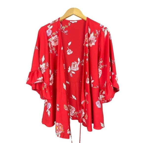 Pleione Coral Pink Wrap Blouse Floral Print Women Medium Ruffle Sleeve Flowy - Picture 4 of 13